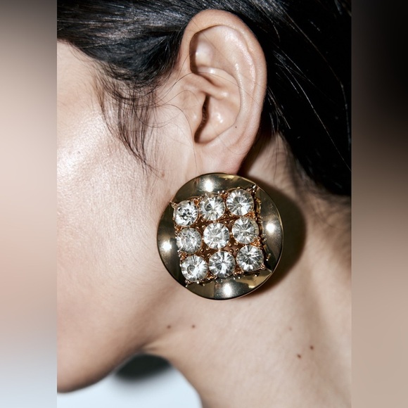NWT. Zara Golden Circular Shape Metallic Earrings with Jewel Appliqués. - Picture 4 of 7
